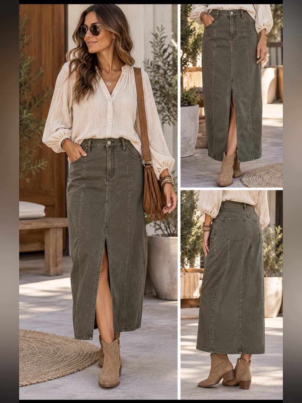 Golden Women’s Olive Midi Denim Skirt with Front Slit
